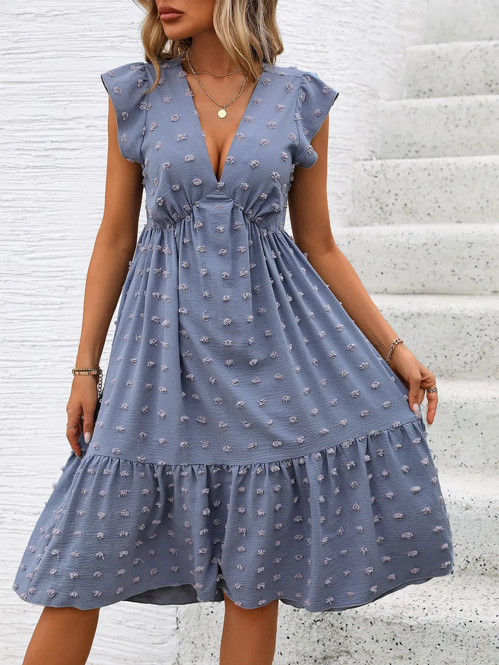 summer blue loose jacquard dress
