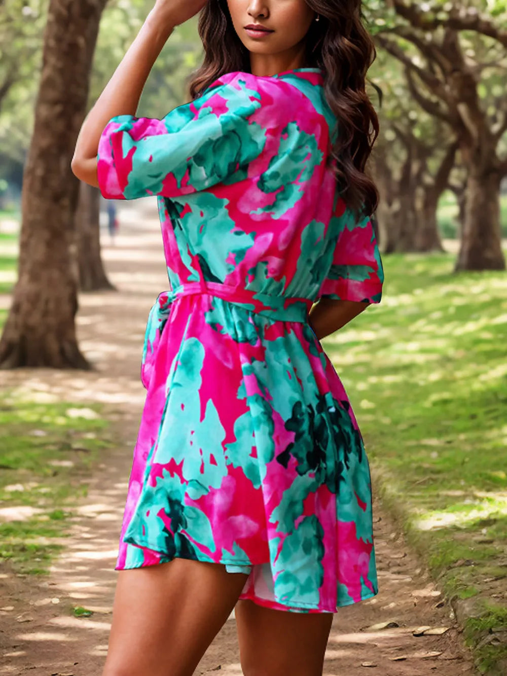 Spring and summer new women's fashionable printed lace up casual jumpsuit