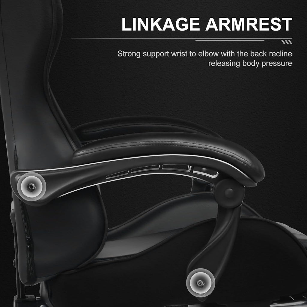 Gaming Chair, Computer Chair with Footrest and Lumbar Support, Height Adjustable Game Chair with 360°-Swivel Seat and Headrest and for Office or Gaming (Faux Leather, Black)-0