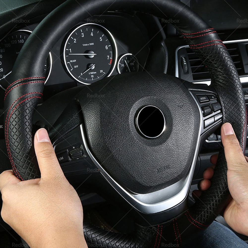 Premium Leather DIY Car Steering Wheel Cover Auto Protection Needle 38cm-4