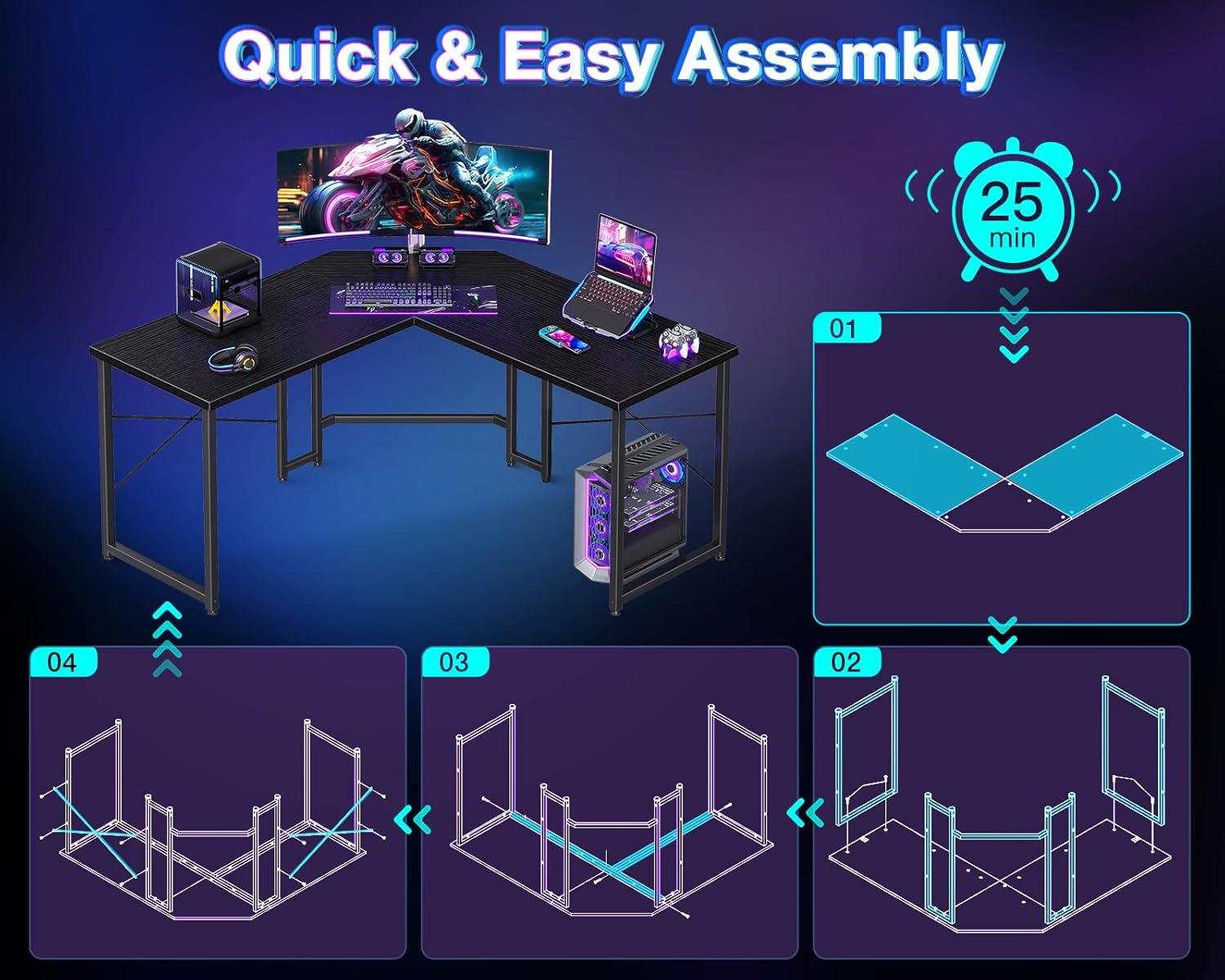 L Shaped Gaming Desk, Corner Desk Gaming Table for Home Office, Computer Desk Sturdy Writing Workstation for Small Space, Easy to Assemble, 51 Inch, Black-3