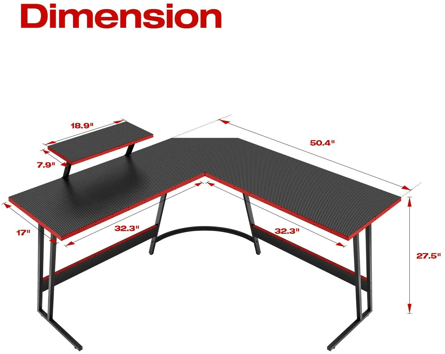 L Shaped Gaming Desk Computer Corner Desk PC Gaming Desk Table with Large Monitor Riser Stand for Home Office Sturdy Writing Workstation (Black, 51 Inch)-2