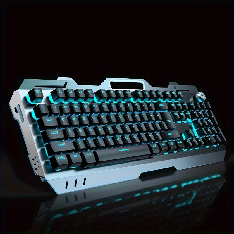 PC Gaming Keyboards, 104 Keys All-Metal Panel Wired Gaming Keyboard Mechanical Feel with Blue Backlit, Multimedia Knob, Anti-Ghosting, Wrist Rest Quiet Computer Keyboard (Black)