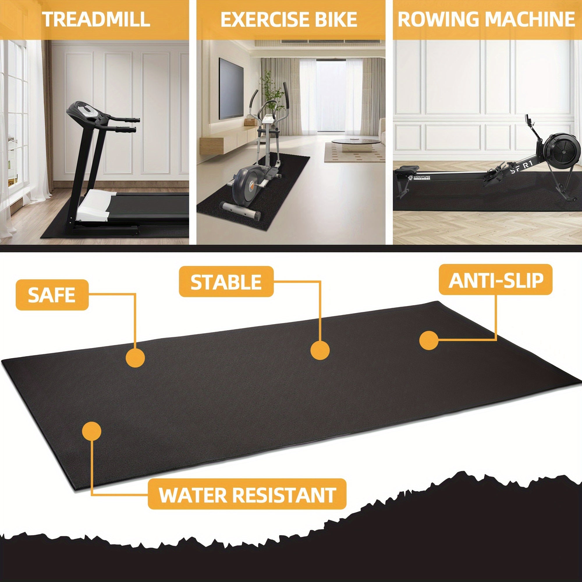High Density Home Gym Treadmill Exercise Bike Equipment Mat, 1/4" Thick, Multiple Sizes
