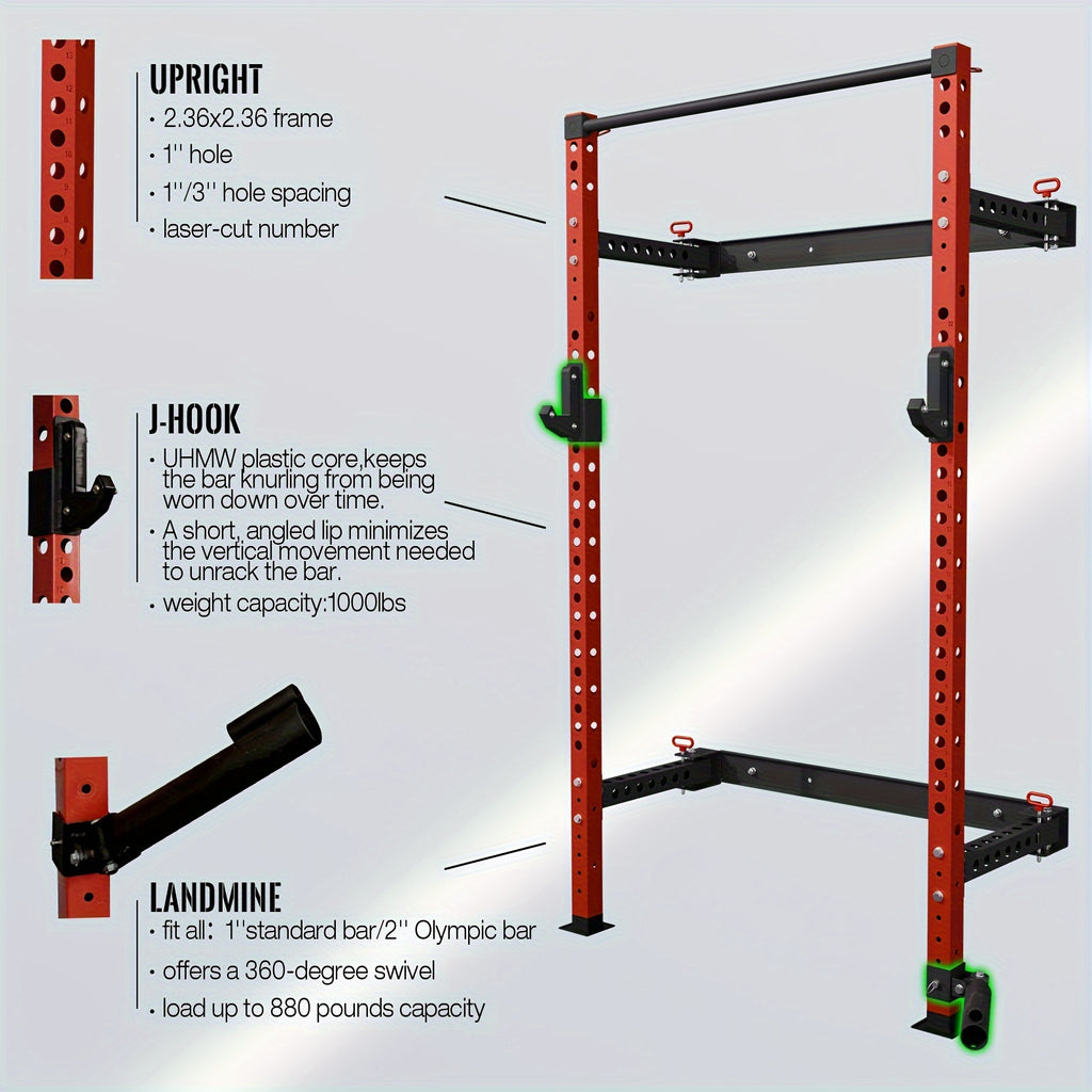 2.36" X 2.36" Folding Wall Mounted Squat Rack, 800 Pounds Capacity Power Rack With Pull Up Bar, J Hooks, Landmine And Other Attachments, Space-Saving Home Gym