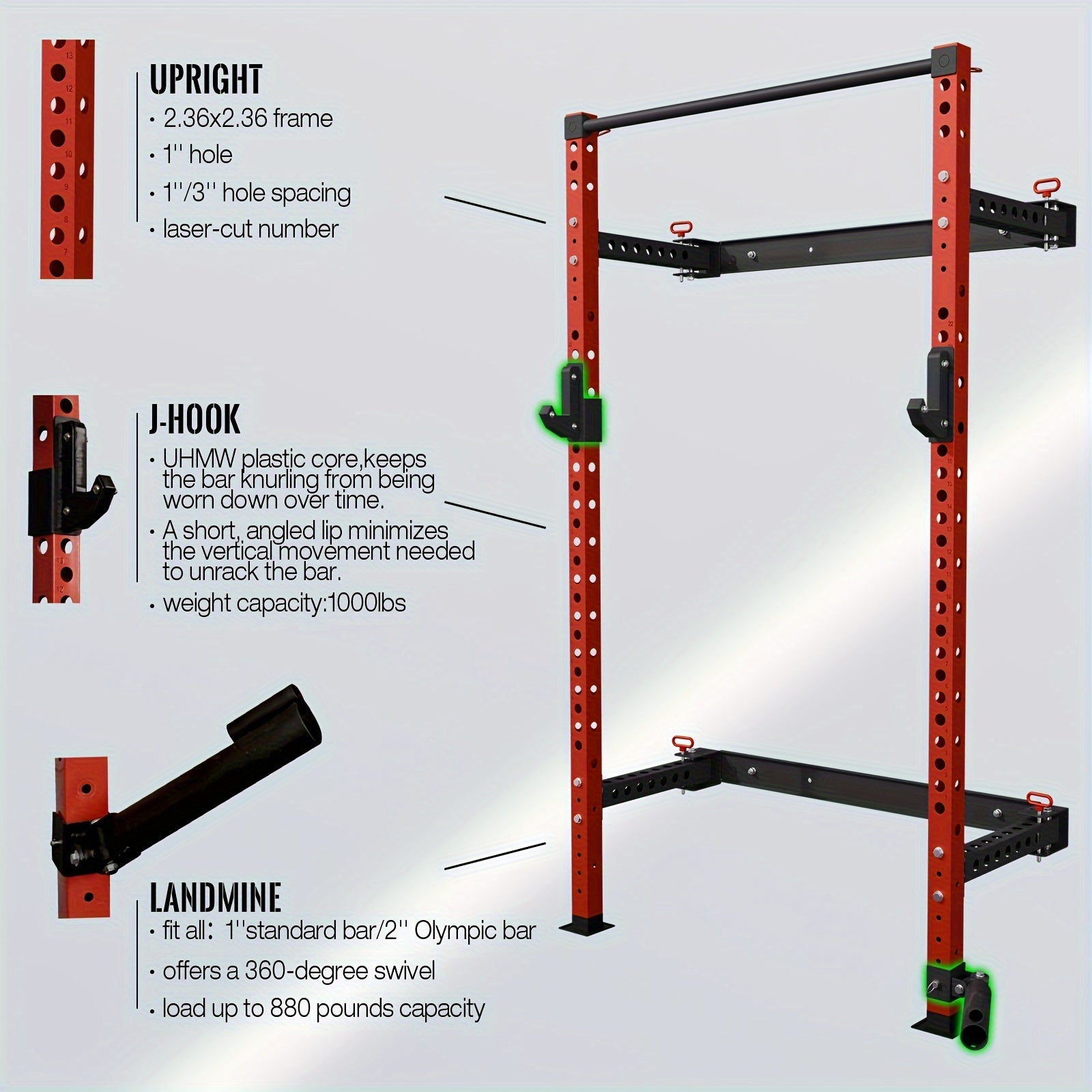 2.36" X 2.36" Folding Wall Mounted Squat Rack, 800 Pounds Capacity Power Rack With Pull Up Bar, J Hooks, Landmine And Other Attachments, Space-Saving Home Gym
