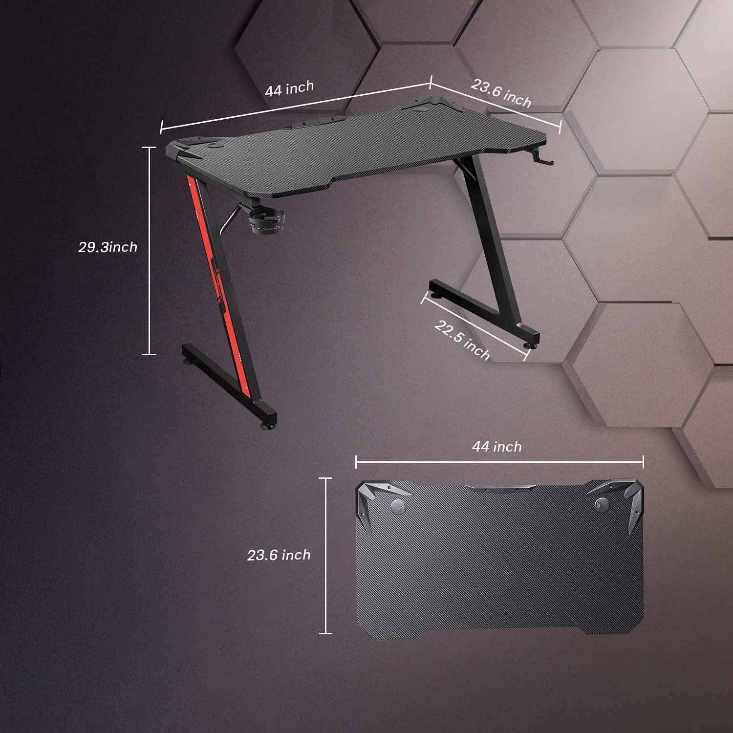 Gaming Desk, Computer Desk with Carbon Fiber Surface, Gaming Table Z Shaped PC Gaming Workstation Home Office Desks with Cup Holder and Headphone Hook (44 Inch, Black)-2