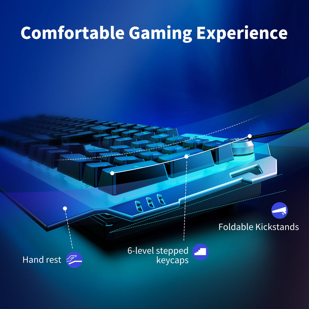PC Gaming Keyboards, 104 Keys All-Metal Panel Wired Gaming Keyboard Mechanical Feel with Blue Backlit, Multimedia Knob, Anti-Ghosting, Wrist Rest Quiet Computer Keyboard (Black)