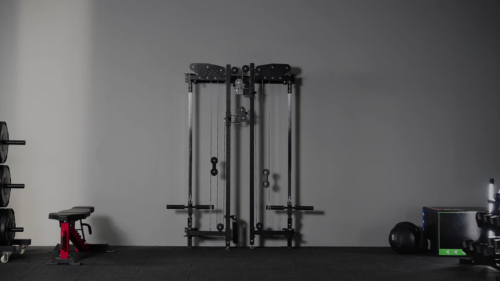 Folding Squat Rack, Wall Mounted Power Rack with Cable Crossover Machine & LAT Pull Down Machines, Functional Trainer with 5 Adjustable Function Modes, for Home Gym and Space Saving