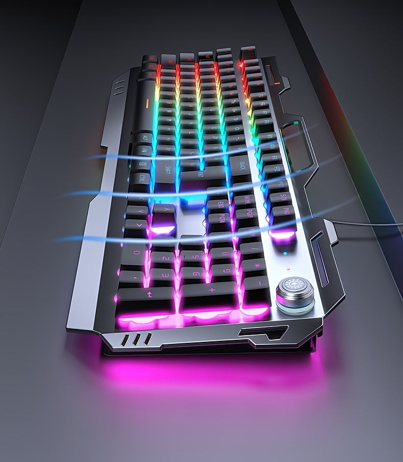 PC Gaming Keyboards, 104 Keys All-Metal Panel Wired Gaming Keyboard Mechanical Feel with Blue Backlit, Multimedia Knob, Anti-Ghosting, Wrist Rest Quiet Computer Keyboard (Black)