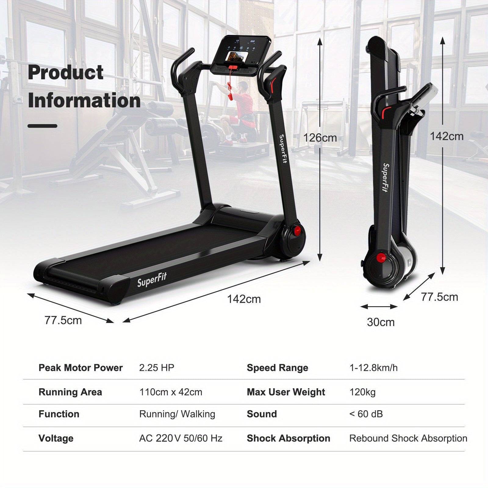 Folding Electric Treadmill 2.25HP - Black-2