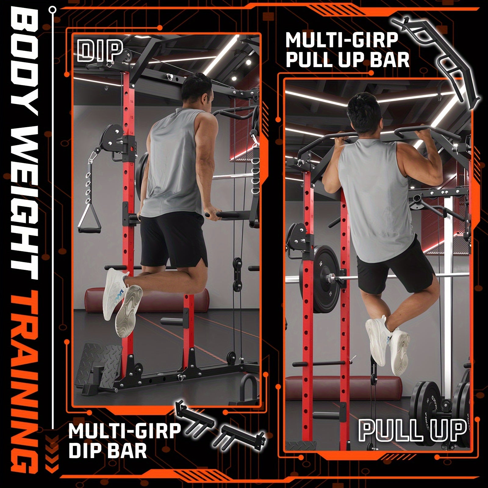 8-in-1 Power Rack Cage With 1500lb Capacity & Cable Crossover Machine - Physical Therapy Approved Squat Rack With J-Hooks, Dip Bars, Landmine - Adaptive Strength Training System For Home Gyms (Red)