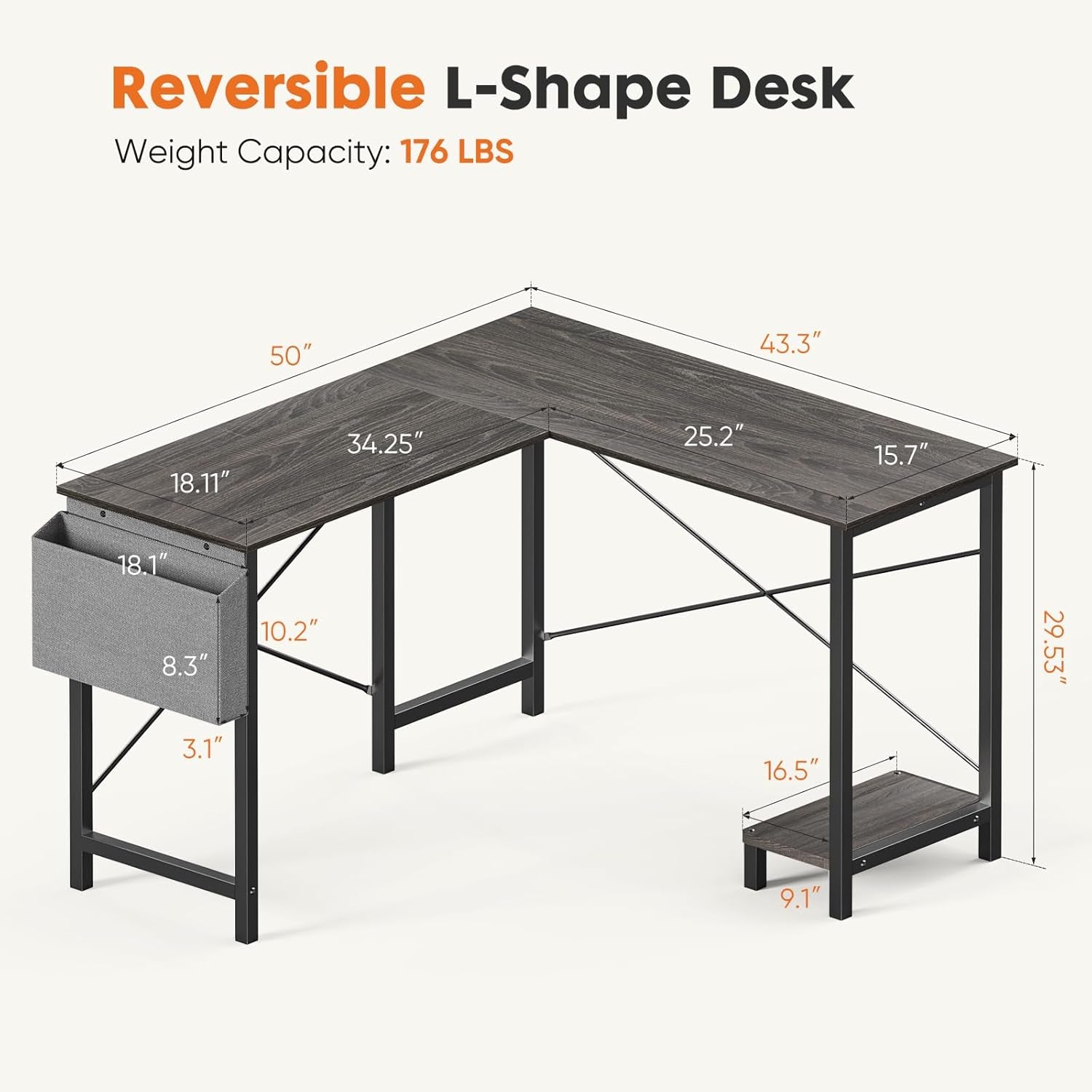 Grey 50 Inch L Shaped Gaming Desk-2