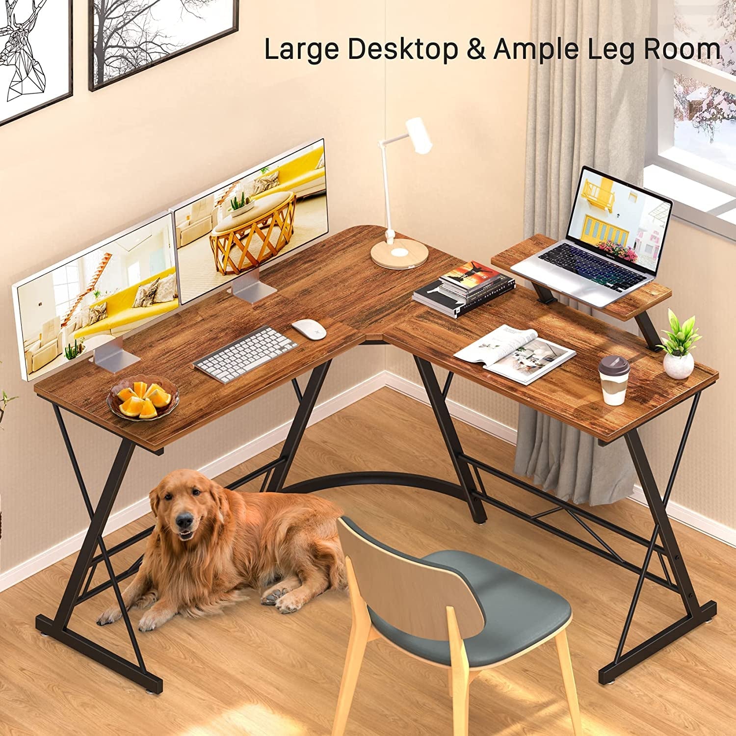 Vintage L-Shaped Gaming Desk with Monitor Stand-3