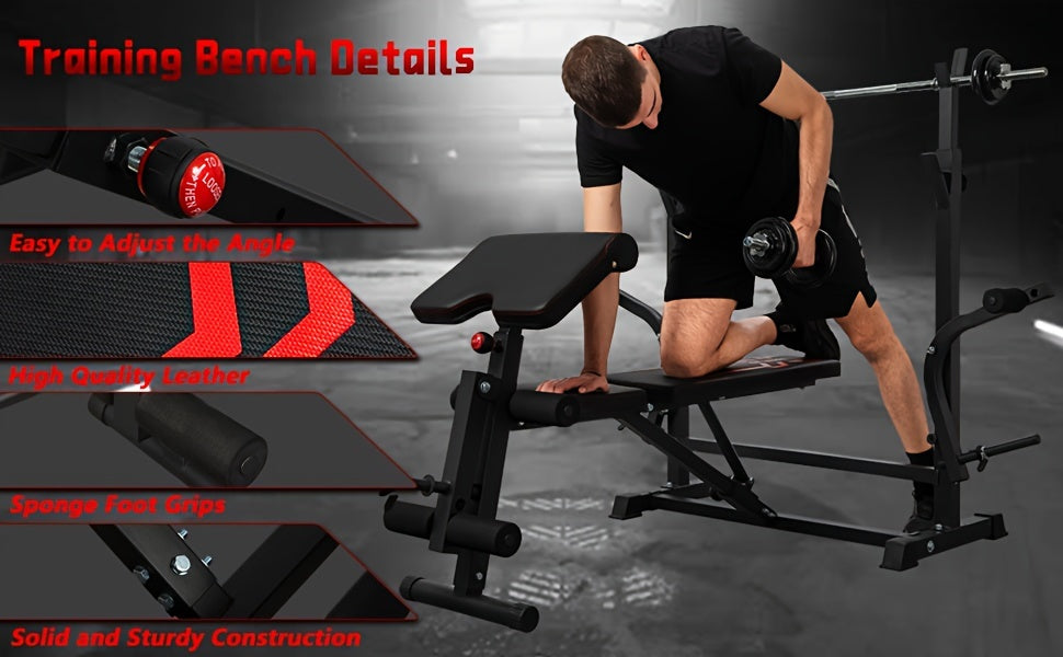 6-in-1 880lbs Weight Bench Set with Squat Rack, Adjustable Workout Bench for Full Body Strength Training, Bench Press with Barbell Rack Leg Developer Preacher Curl, Incline Decline Bench