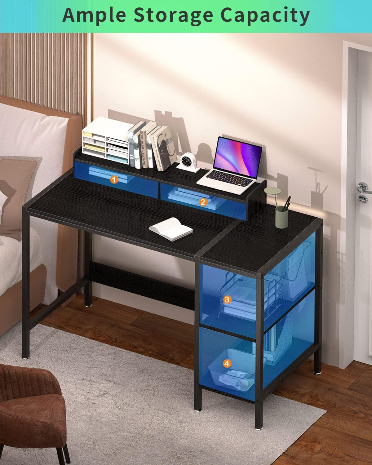 Computer Desk - 47” Gaming Desk, Home Office Desk with Storage, Small Desk with Monitor Stand, Storage Space-Savor, Modern Table, Black-4