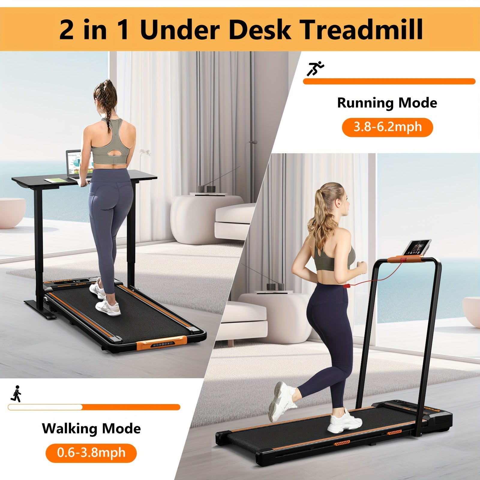 AIRHOT 2-in-1 Under Desk Treadmill 2.5HP Folding Compact Black Walking Pad, Without Battery