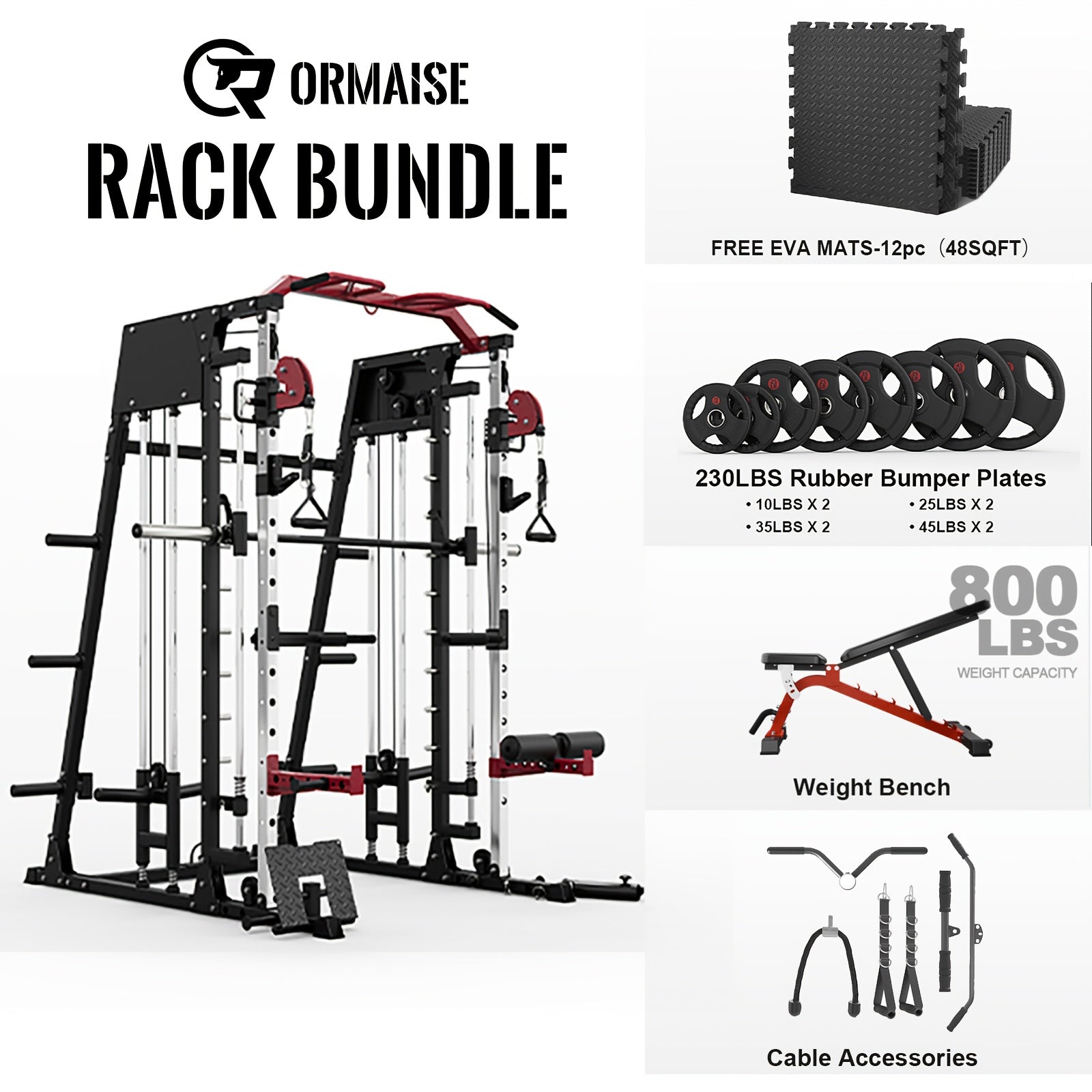 2200lbs All-in-1 Smith Machine Home Gym with LAT-Pull Down System & Cable Crossover, 360° Landmine, Weight Bar & Barbell Holders, 40+ Free Weight Exercises, Space-Saving Power Rack Cage for Total Body Strength Training (Red/