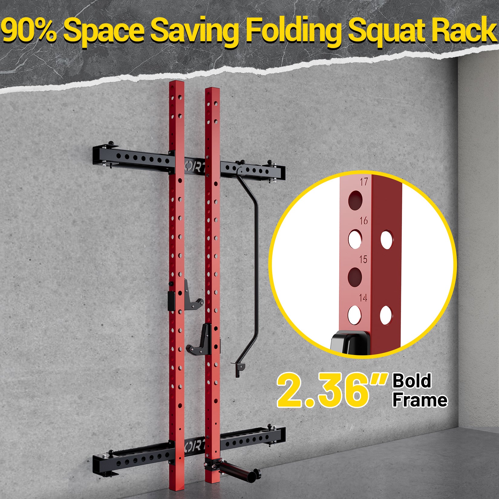 Folding Power Rack with 1000 lbs Capacity, Wall Mounted Folding Squat Rack with Pull-up Bar,J-hooks and Landmine,Space Saving for Home Gym