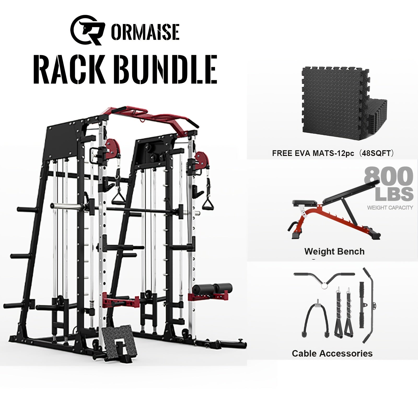 2200lbs All-in-1 Smith Machine Home Gym with LAT-Pull Down System & Cable Crossover, 360° Landmine, Weight Bar & Barbell Holders, 40+ Free Weight Exercises, Space-Saving Power Rack Cage for Total Body Strength Training (Red/