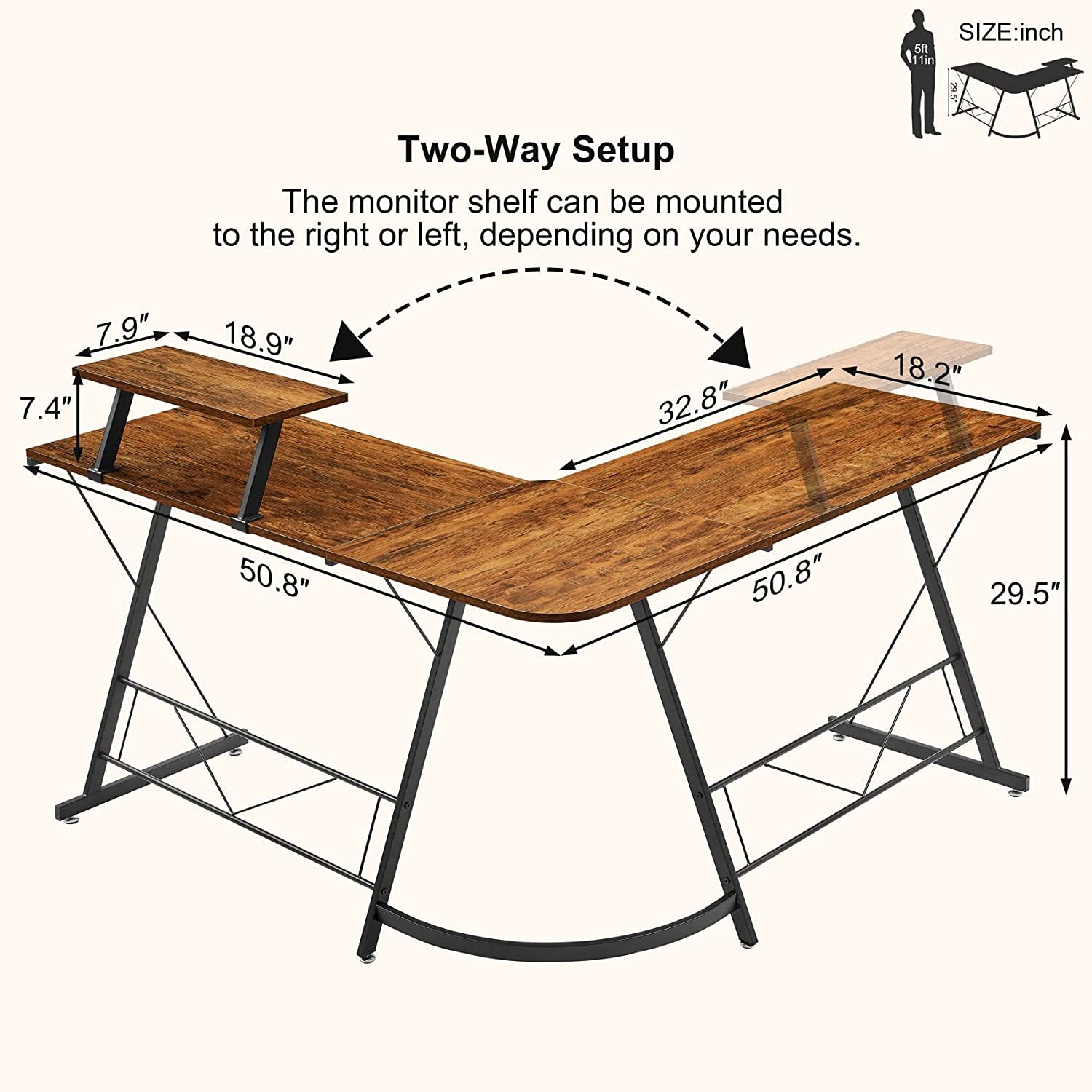 Vintage L-Shaped Gaming Desk with Monitor Stand-2