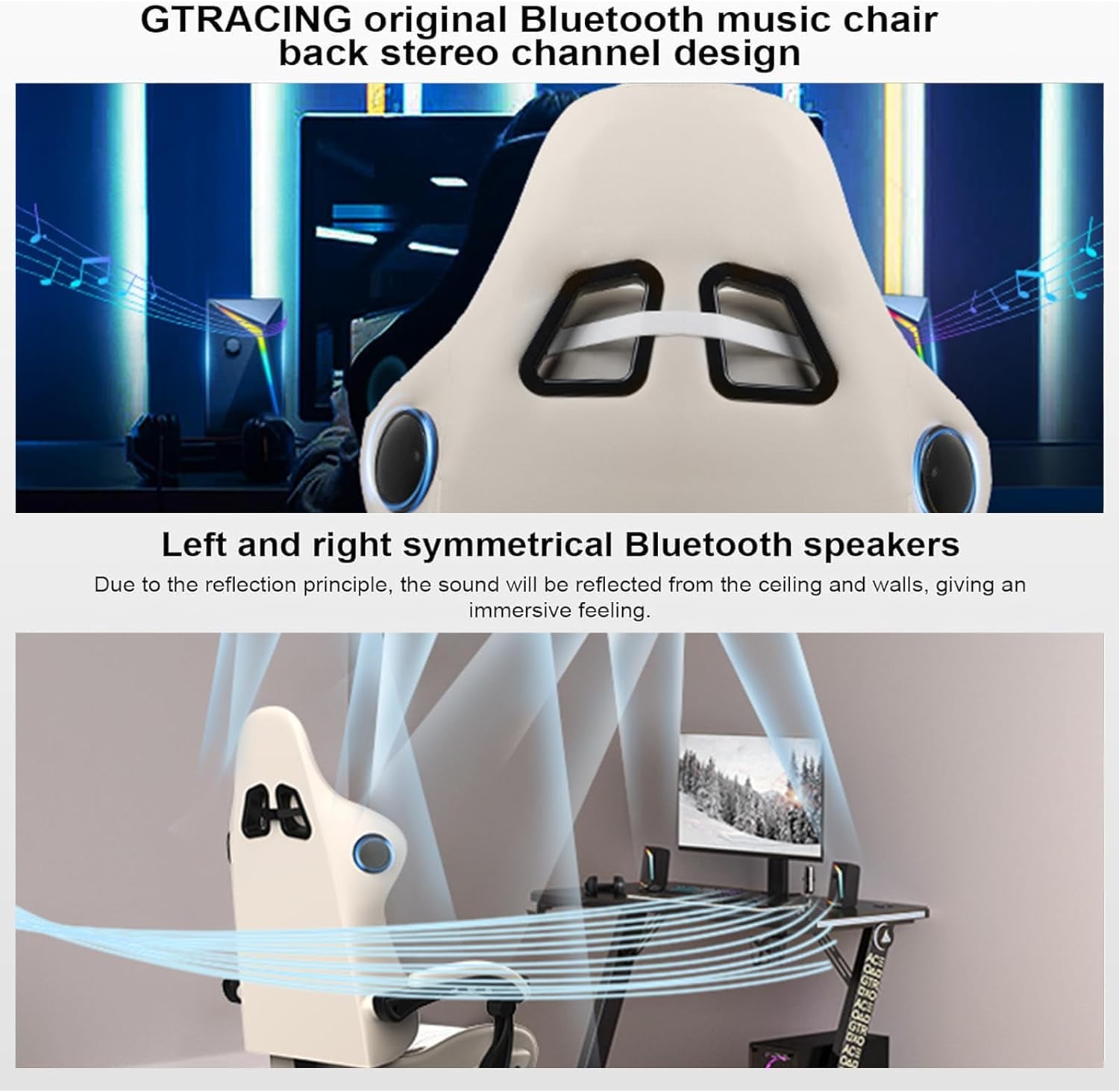 Bluetooth Speaker Gaming Chair with Footrest, Ivory-4