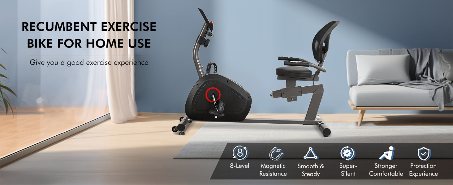 Recumbent Exercise Bike For Seniors Stationary Bike Sturdy Quiet 8 Levels Recumbent Bikes Large Comfortable Seat Heart Rate Handle & IPad Holder For Gym Home Adults