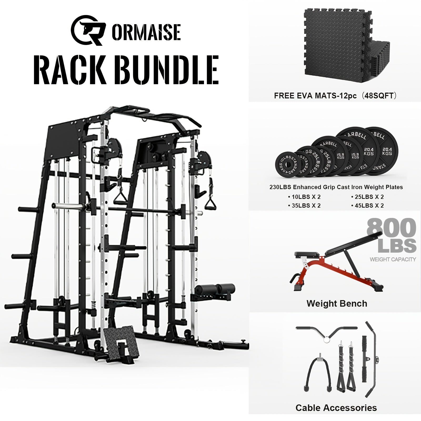 2200lbs All-in-1 Smith Machine Home Gym with LAT-Pull Down System & Cable Crossover, 360° Landmine, Weight Bar & Barbell Holders, 40+ Free Weight Exercises, Space-Saving Power Rack Cage for Total Body Strength Training (Red/