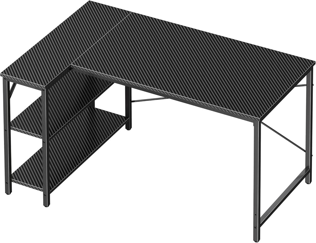 L Shaped Desk, 47 Inches Computer Desk with Reversible Storage Shelves, Gaming Desk, Corner Desk Home Office Desks, Writing Desk Study Desk with Metal Frame, Carbon Fiber Black-0