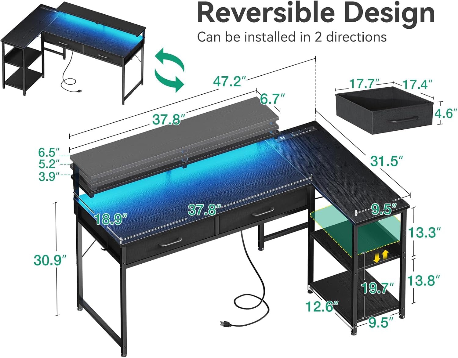 48 Inch L Shaped Gaming Desk with USB Ports-2