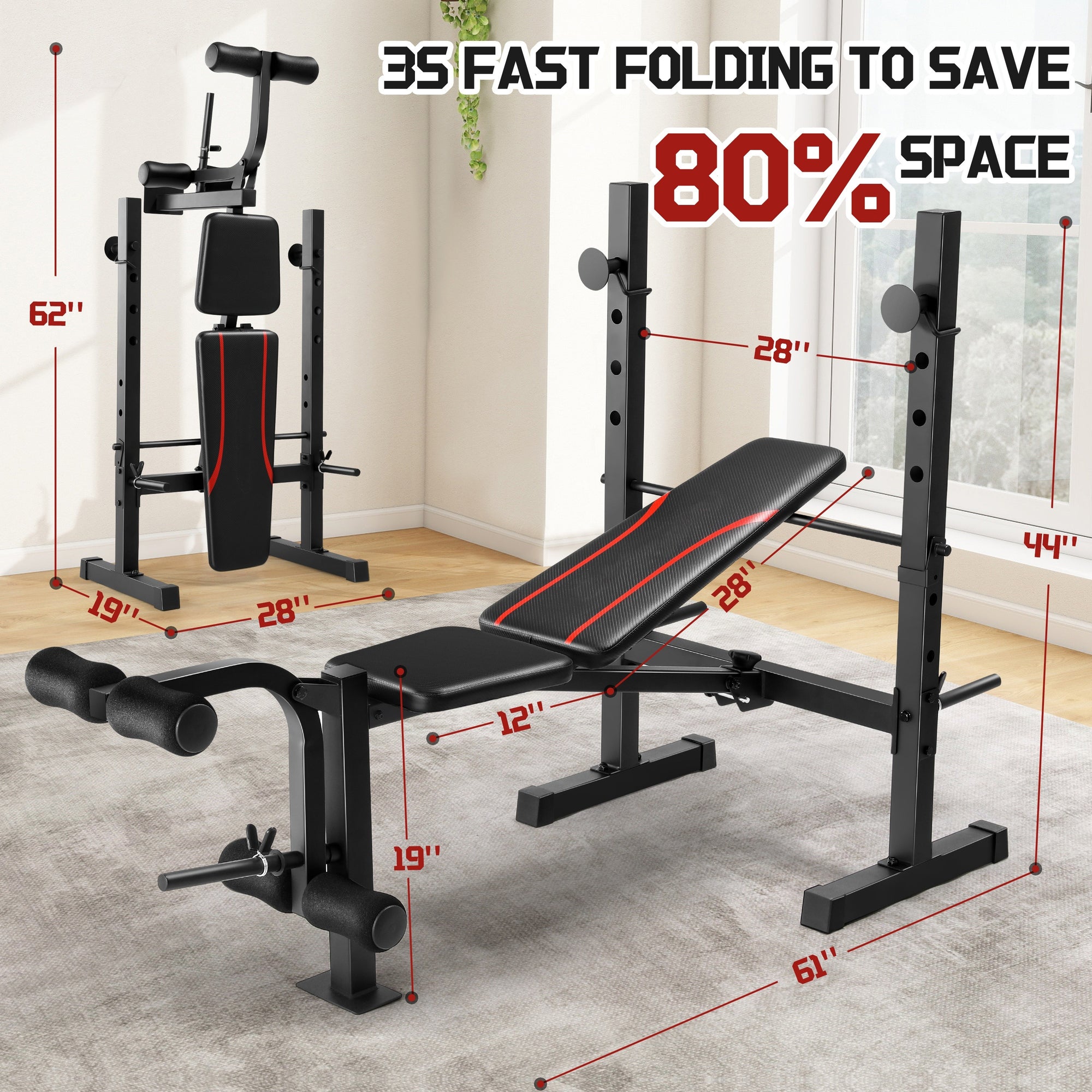 All In One 3S Fast Folding Home Gym Equipment Professional Workout Bench Set with Squat Rack, Adjustable & Foldable Upgrade Weight Bench Press Set with Leg Developer, Preacher Curl Pad for Full Body Workout