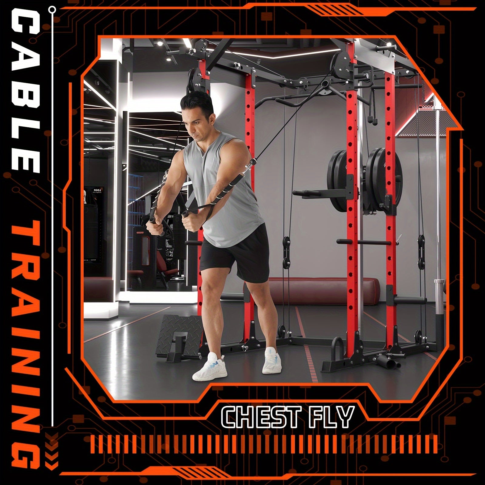 8-in-1 Power Rack Cage With 1500lb Capacity & Cable Crossover Machine - Physical Therapy Approved Squat Rack With J-Hooks, Dip Bars, Landmine - Adaptive Strength Training System For Home Gyms (Red)