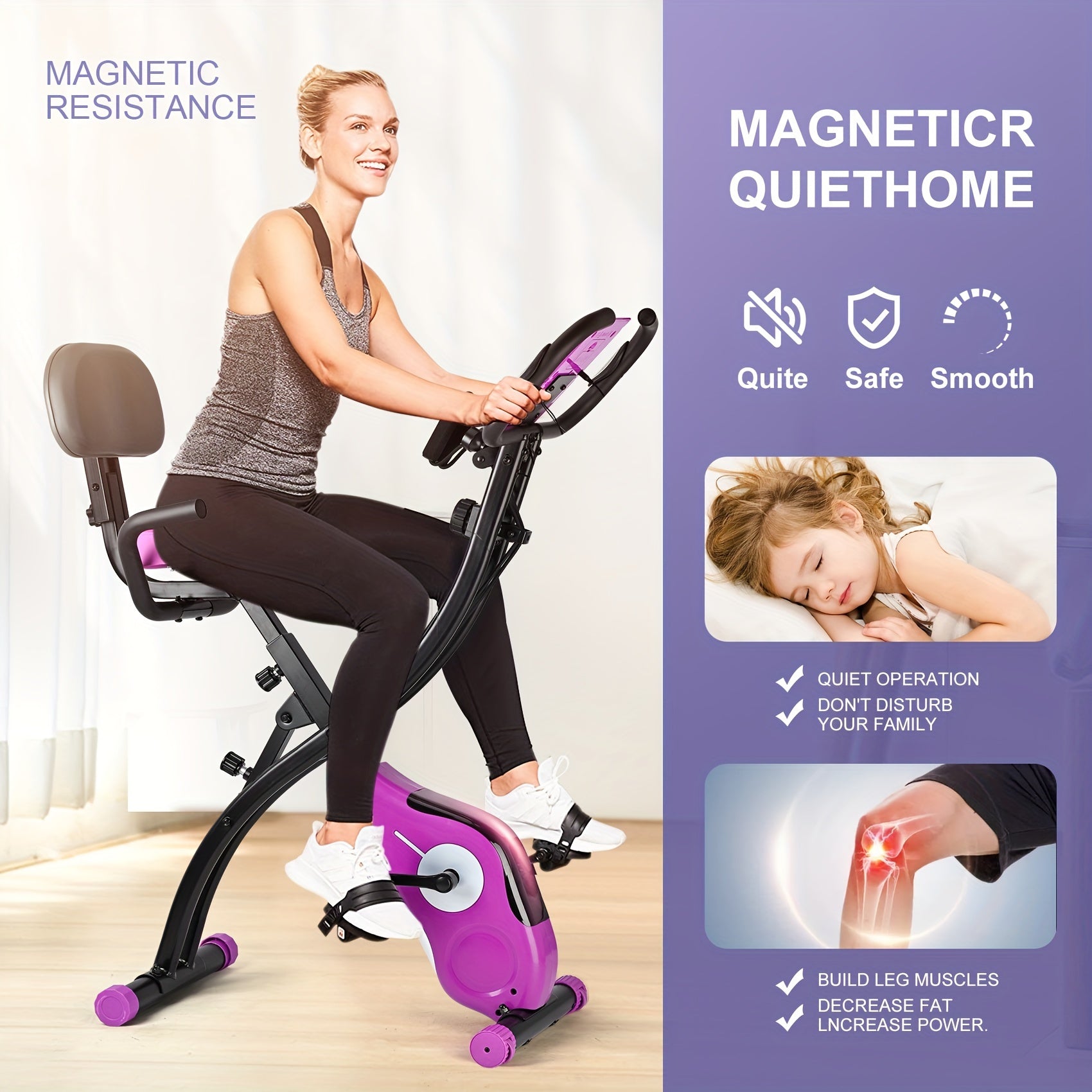 Folding Exercise Bike, Foldable Fitness Stationary Bike Machine, Upright Indoor Cycling Bike, Magnetic X-Bike with 8-Level Adjustable Resistance, Bottle Holder & Back Support Cushion for Home Gym Workout, Valentine's Day Gift