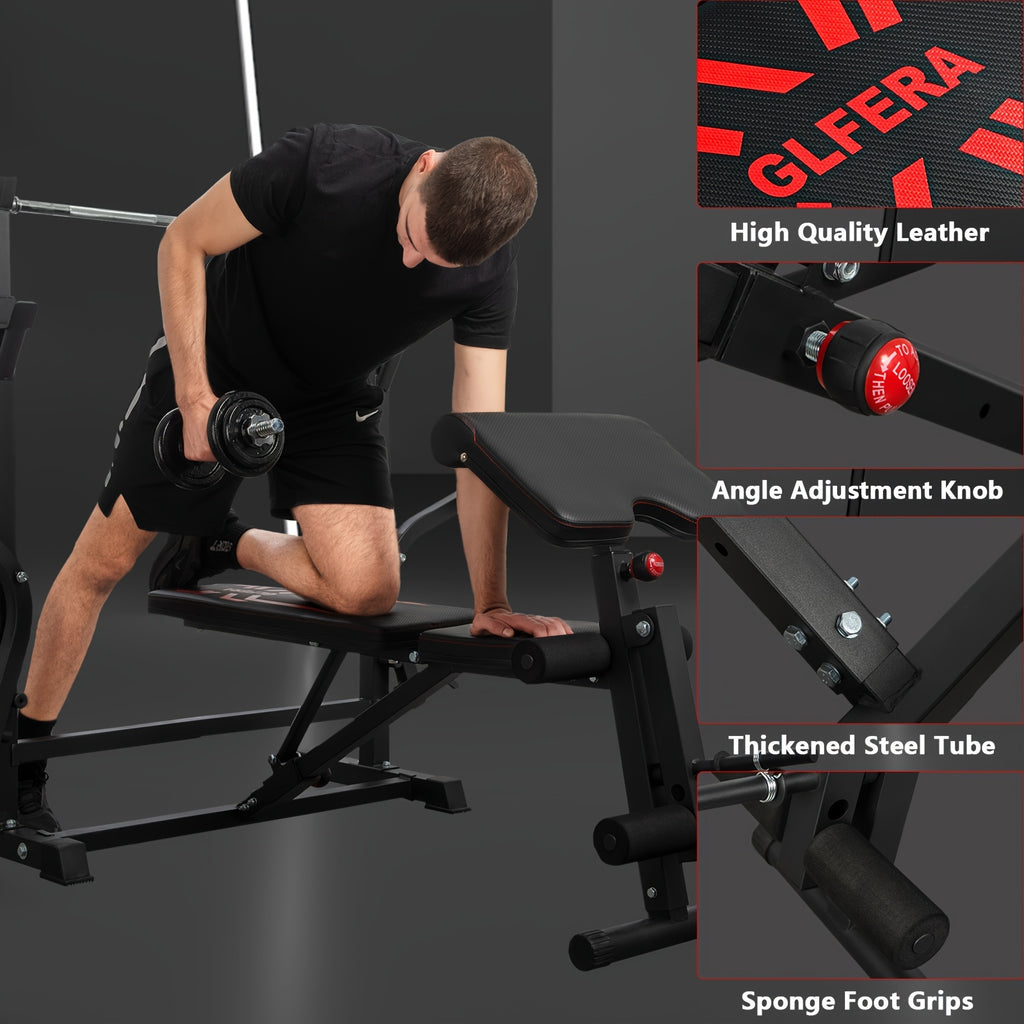 6-in-1 880lbs Weight Bench Set with Squat Rack, Adjustable Workout Bench for Full Body Strength Training, Bench Press with Barbell Rack Leg Developer Preacher Curl, Incline Decline Bench