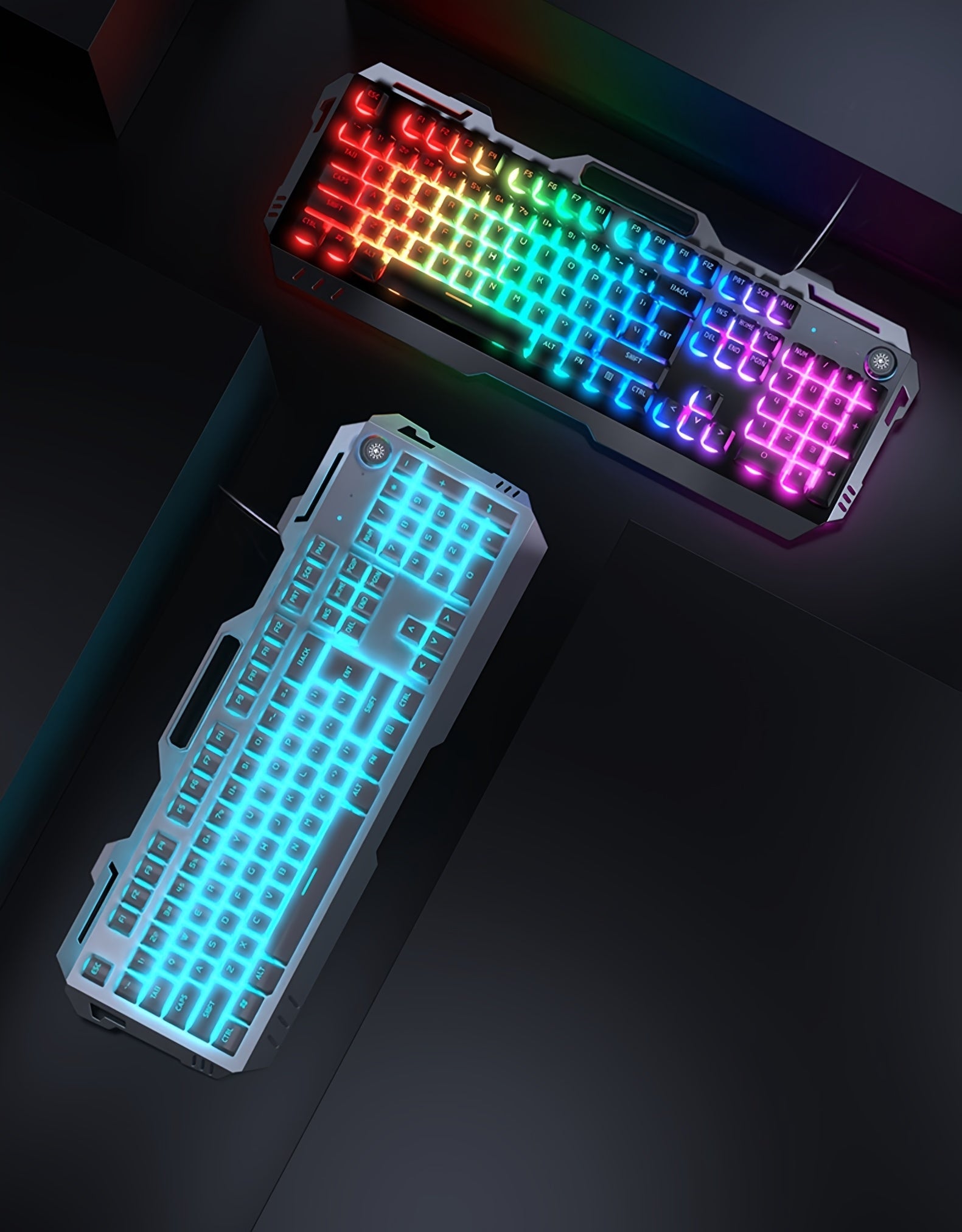 PC Gaming Keyboards, 104 Keys All-Metal Panel Wired Gaming Keyboard Mechanical Feel with Blue Backlit, Multimedia Knob, Anti-Ghosting, Wrist Rest Quiet Computer Keyboard (Black)