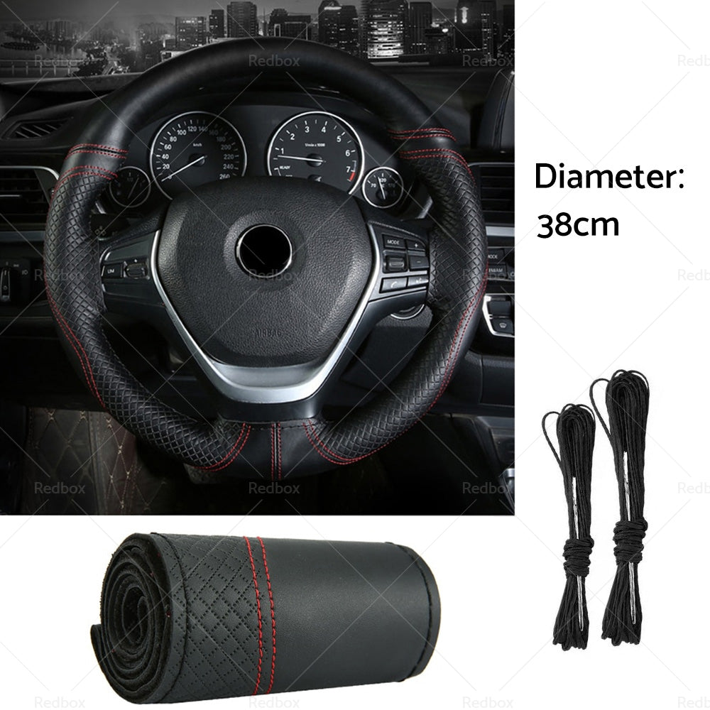 Premium Leather DIY Car Steering Wheel Cover Auto Protection Needle 38cm-3