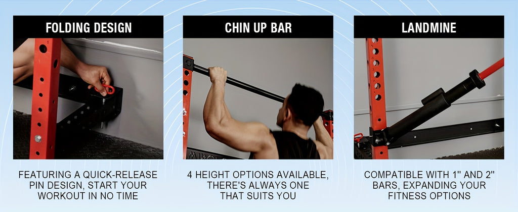 2.36" X 2.36" Folding Wall Mounted Squat Rack, 800 Pounds Capacity Power Rack With Pull Up Bar, J Hooks, Landmine And Other Attachments, Space-Saving Home Gym