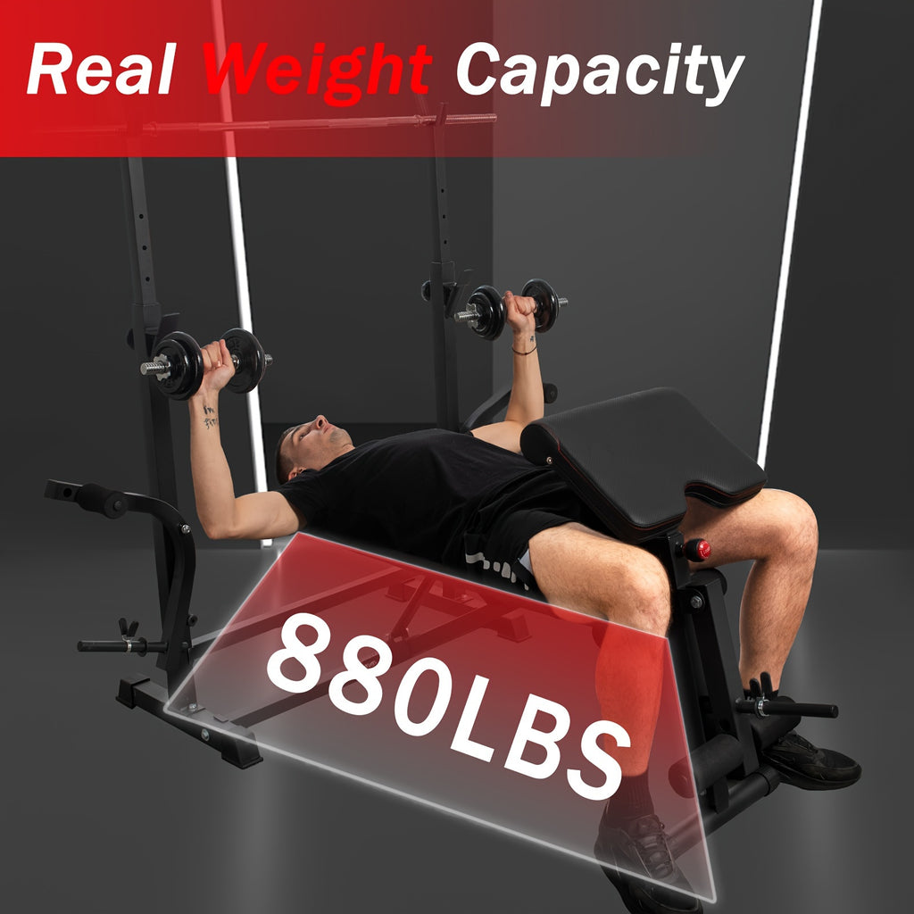 6-in-1 880lbs Weight Bench Set with Squat Rack, Adjustable Workout Bench for Full Body Strength Training, Bench Press with Barbell Rack Leg Developer Preacher Curl, Incline Decline Bench