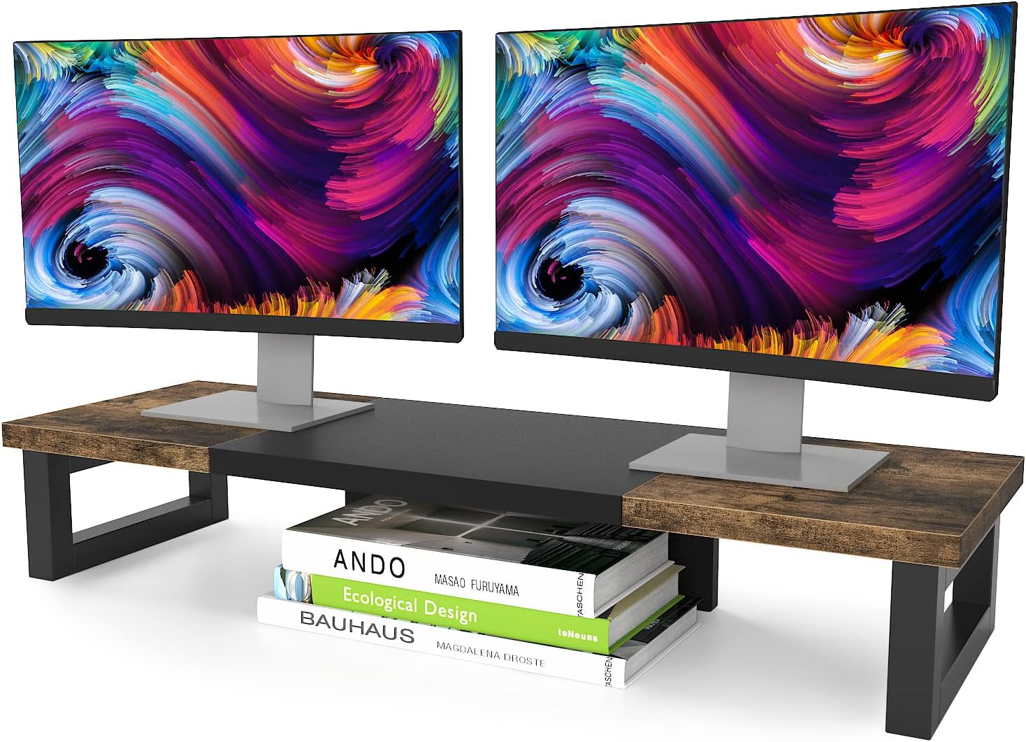 Dual Monitor Stand Riser, Wood and Steel Monitor Stand Riser, Computer Monitor Stand for 2 Monitors, Multi-Purpose Desktop Storage Stand for Computer,Laptop,Printer,Tv-0