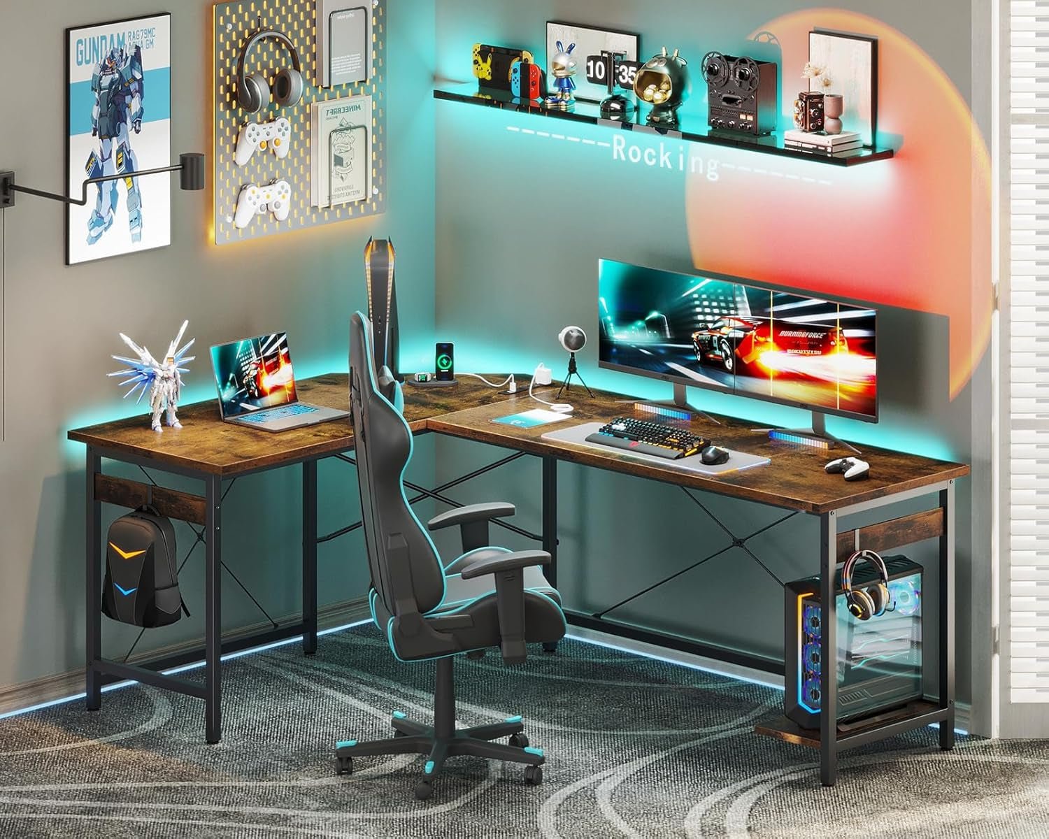66" L Shaped Gaming Desk with Outlet, L Shaped Desk with CPU Stand, Corner Computer Desk, Home Office Desk, Writing Desk, Vintage-1