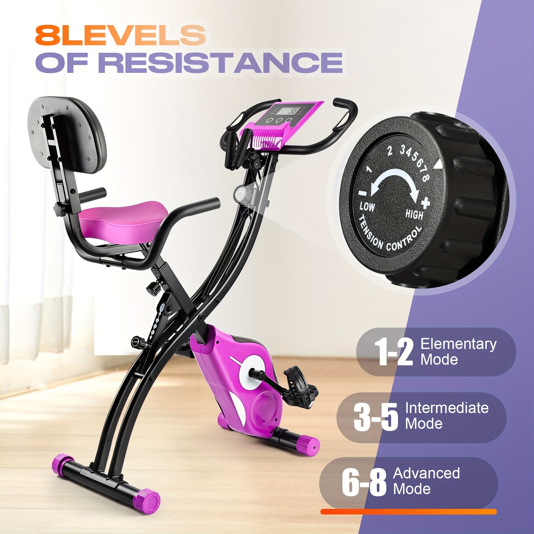 Folding Exercise Bike, Foldable Fitness Stationary Bike Machine, Upright Indoor Cycling Bike, Magnetic X-Bike with 8-Level Adjustable Resistance, Bottle Holder & Back Support Cushion for Home Gym Workout, Valentine's Day Gift