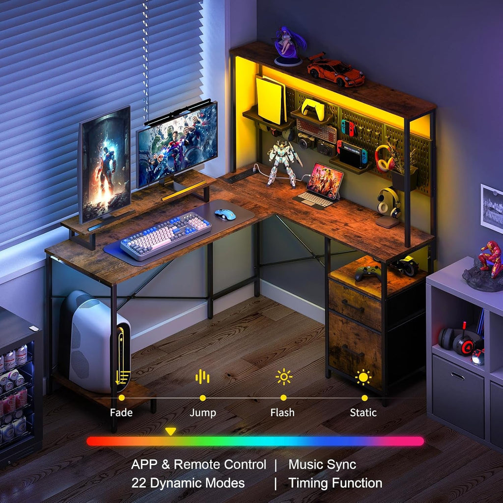 L Shaped Desk with Pegboard, Reversible Computer Desk with Drawers & Storage Shelves, Gaming Desk with LED Lights & Power Outlets, Office Desk with Monitor Stand Corner Desk Home Office Desks-2