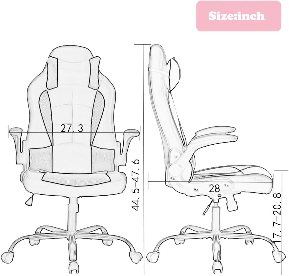 Gaming Chair Office Chair Desk Chair with Lumbar Support Flip up Arms Headrest Swivel Rolling Adjustable PU Leather Racing Computer Chair for Girls,Pink-2
