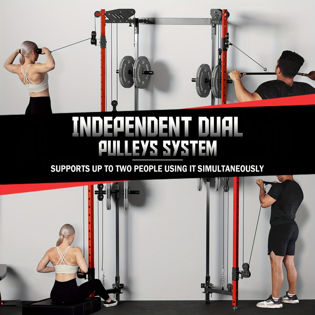 Folding Squat Rack, Wall Mounted Power Rack with Cable Crossover Machine & LAT Pull Down Machines, Functional Trainer with 5 Adjustable Function Modes, for Home Gym and Space Saving