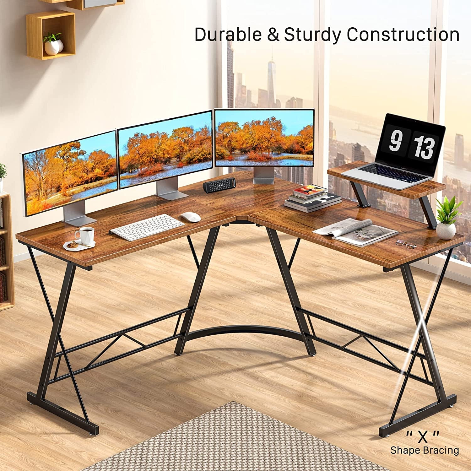 Vintage L-Shaped Gaming Desk with Monitor Stand-1