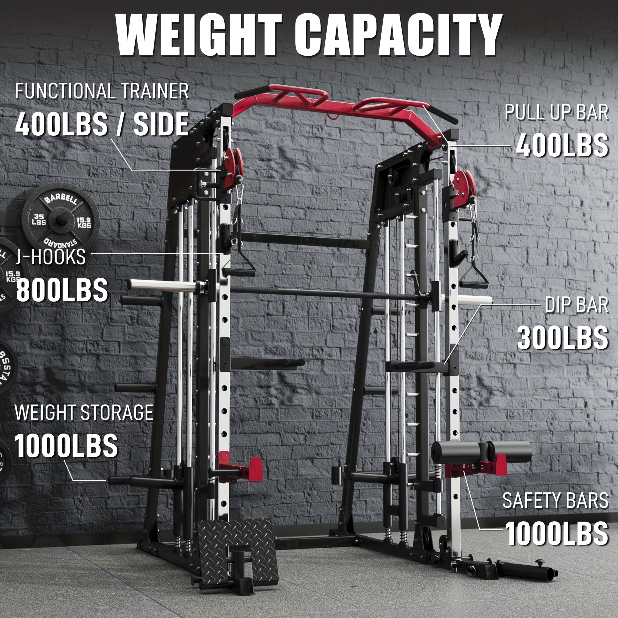 2200lbs All-in-1 Smith Machine Home Gym with LAT-Pull Down System & Cable Crossover, 360° Landmine, Weight Bar & Barbell Holders, 40+ Free Weight Exercises, Space-Saving Power Rack Cage for Total Body Strength Training (Red/