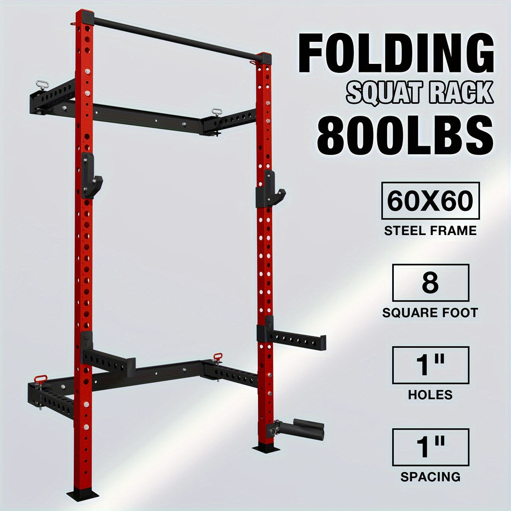 2.36" X 2.36" Folding Wall Mounted Squat Rack, 800 Pounds Capacity Power Rack With Pull Up Bar, J Hooks, Landmine And Other Attachments, Space-Saving Home Gym