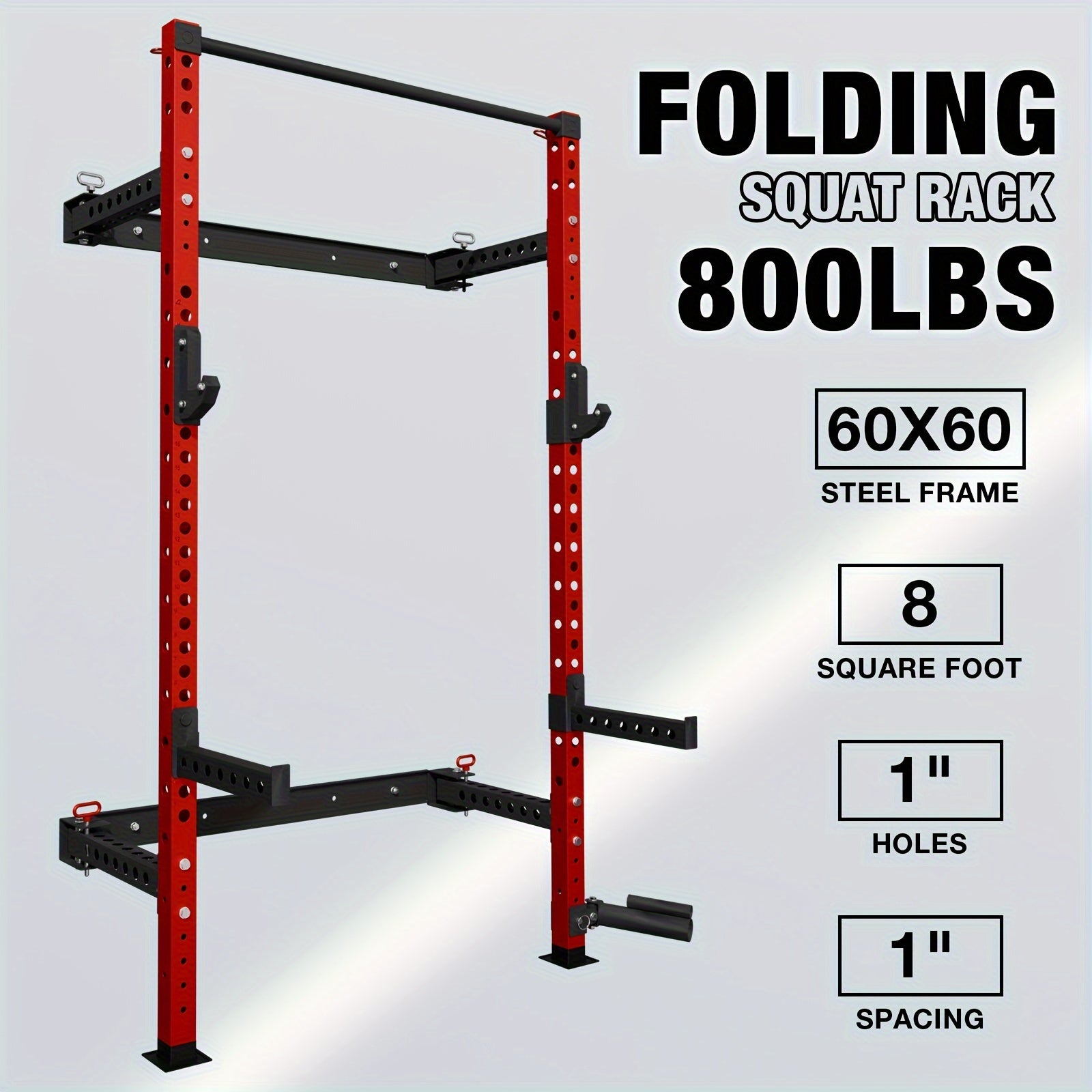 2.36" X 2.36" Folding Wall Mounted Squat Rack, 800 Pounds Capacity Power Rack With Pull Up Bar, J Hooks, Landmine And Other Attachments, Space-Saving Home Gym