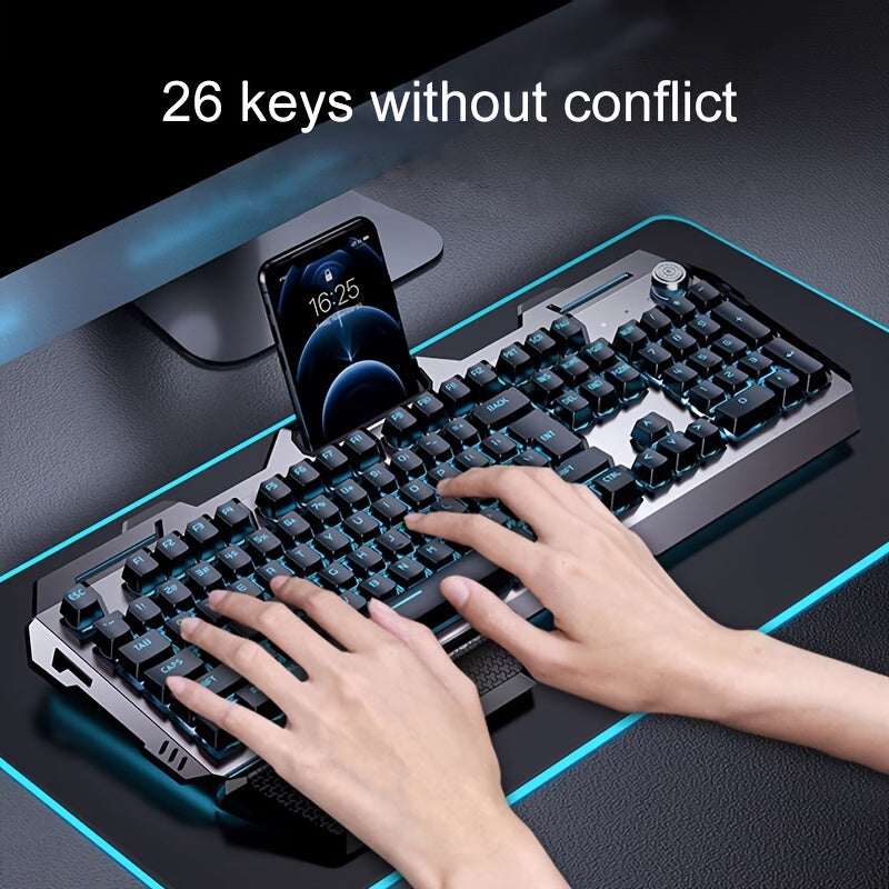 PC Gaming Keyboards, 104 Keys All-Metal Panel Wired Gaming Keyboard Mechanical Feel with Blue Backlit, Multimedia Knob, Anti-Ghosting, Wrist Rest Quiet Computer Keyboard (Black)