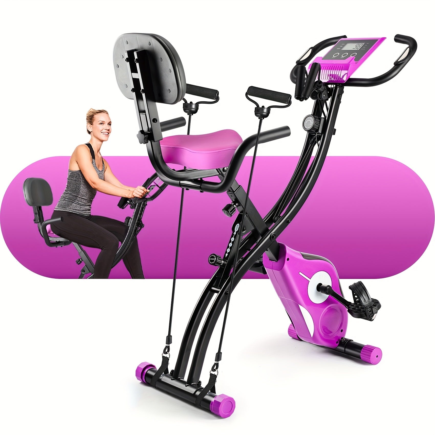 Folding Exercise Bike, Foldable Fitness Stationary Bike Machine, Upright Indoor Cycling Bike, Magnetic X-Bike with 8-Level Adjustable Resistance, Bottle Holder & Back Support Cushion for Home Gym Workout, Valentine's Day Gift